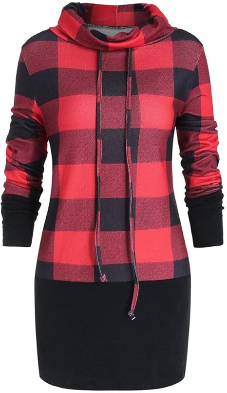plaid drawstring cowl neck tunic sweatshirt dress