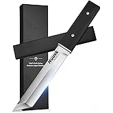 Huusk Japanese Fixed Blade Knife - Tanto Samurai Knife with Sheath - Full Tang Survival Knives with Wood Handle - Bushcraft Knives for Outdoor Camping BBQ, Gift for Men and Women