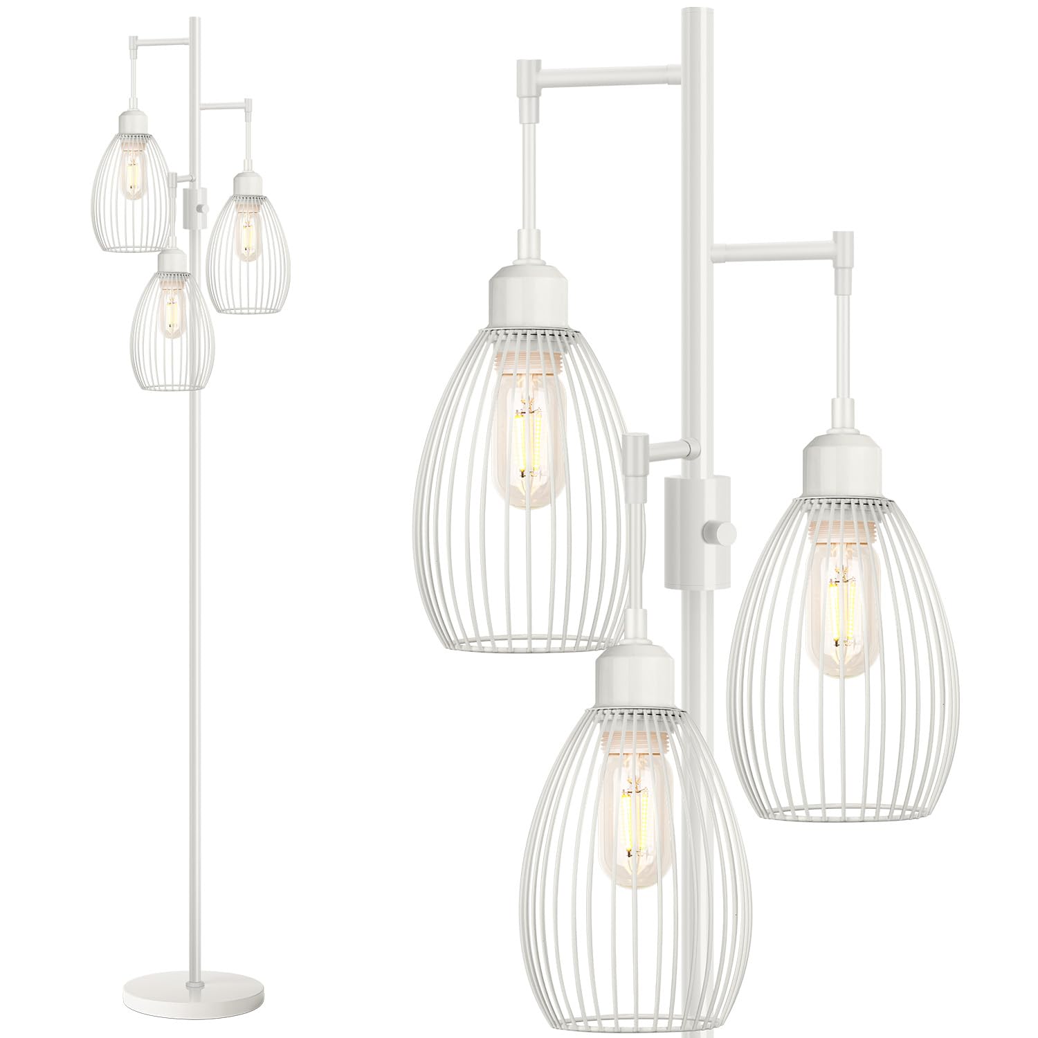 Photo 1 of Dimmable Floor Lamp, 3 x 800LM LED Edison Bulbs Included, Farmhouse Industrial Floor Lamp Standing Lamp with Elegant Teardrop Cage Head Tall Lamp for Living Room Bedroom Office Dining Room - White