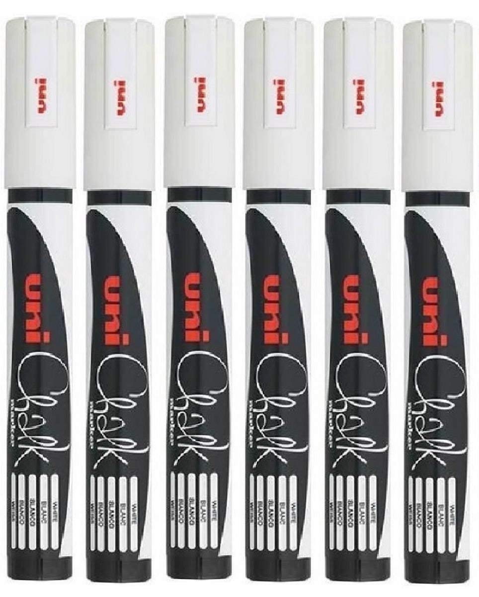 Uni White Bullet Tip Nib (1.8-2.5mm) Liquid Chalk Marker Pen Colour Whiteboard Blackboard Chalkboard Menu Glass Windows Wet Wipe Non Permanent (Pack Of 6) PWE-5M