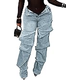 LETSVDO Women's High Waisted Cargo Jeans Straight Wide Leg Baggy Detachable Patchwork Asymmetrical Stretch Denim Pants