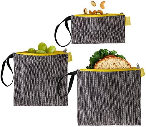 Tabkoe Reusable Snack Bags with Handles – XL, Large & Small Zippered Lunch Baggies for Sandwiches, Meal Prep & More – Resealable, Washable, Eco-Friendly, 3pc Zip Up Pouch (Gray Yellow)