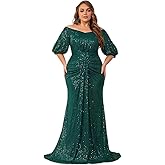 Women's Plus Size Off Shoulder Puff Sleeve Sequin Formal Maxi Dress Evening Party Gowns