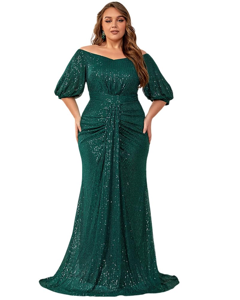 Photo 1 of Women's Plus Size Off Shoulder Puff Sleeve Sequin Formal Maxi Dress Evening Party Gowns Green