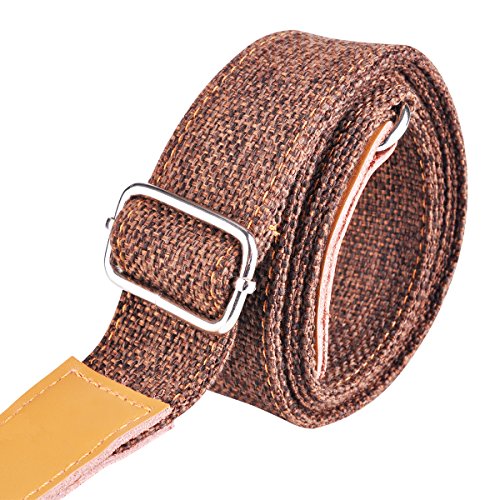 Rinastore Ukulele Strap Country Style Soft Cotton Linen & Genuine Leather Shoulder Strap for Ukulele Banjo Mandolin (Coffee-US-12)