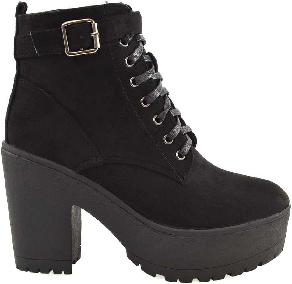 Ladies Chunky Cleated Platform Sole Womens Retro Goth Combat Lace Up Ankle Boots