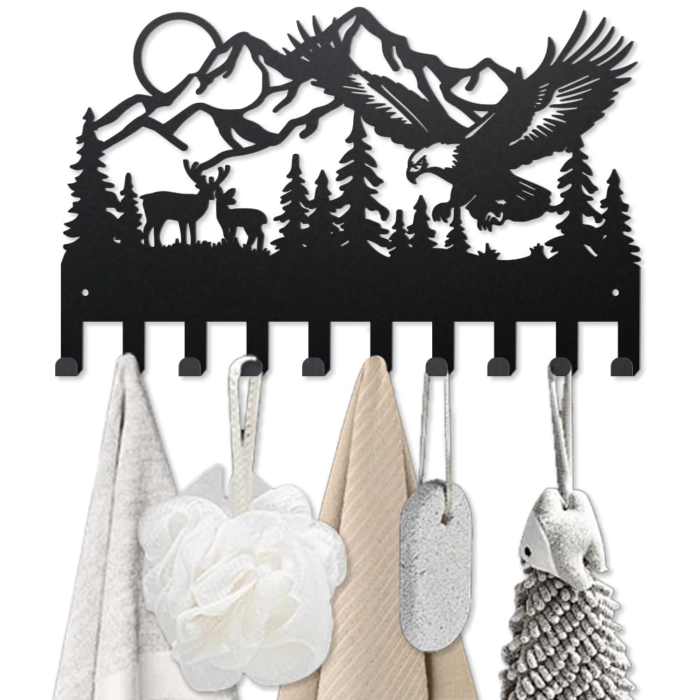 MAYJOYDIY Bird Mountain Forest Key Hook Deer Metal Coat Rack Wall Mounted 40×25cm 10 Hooks Nature Scenery Key Holder Animal Wall Art Decor Gift Black Key Hooks for Coats Hats Towels Bags — image 1
