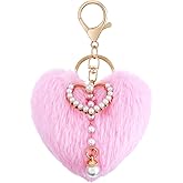 Ymapinc Pom Pom Keychain, Heart Plush Pink Fluffy Keychain Valentines, Pink Bag Charms, Purse Accessories, Cute Heart Bag Charm for Backpacks, Cars & Purses Soft Charm Faux Fur Key Chain for Women