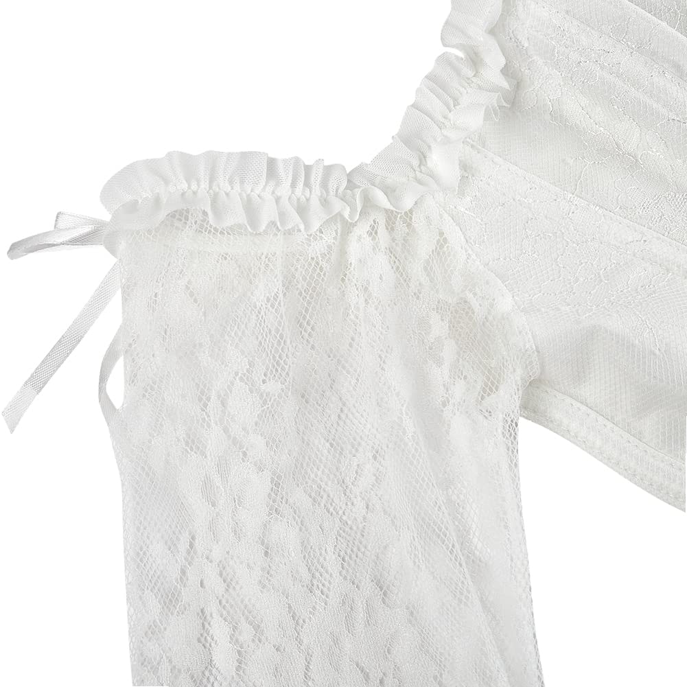SZIVYSHI Women's Overbust Lace up Back Corset with Shoulder Sleeve,White,S(Waist:62cm)