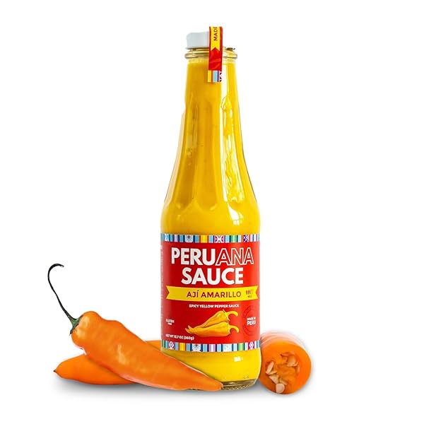 PERUANA SAUCE AJI AMARILLO SAUCE – AUTHENTIC SPICY PERUVIAN YELLOW PEPPER HOT SAUCE – 12.7 OZ GLASS BOTTLE – MADE IN PERU WITH FRESH INGREDIENTS, NO ARTIFICIAL COLORS, GLUTEN FREE, LACTOSE FREE