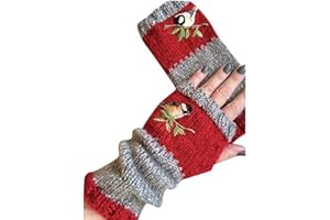 Warm Patchwork Embroidered Fingerless Gloves with Vintage Knitted Design and Bird Embroidery