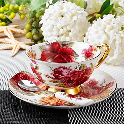 Panbado 3 Piece Bone China Coffee Tea Cup and Saucer Set with Spoon, 6.8 oz/200 ml, Yellow and Red Rose - Thumbnail 6