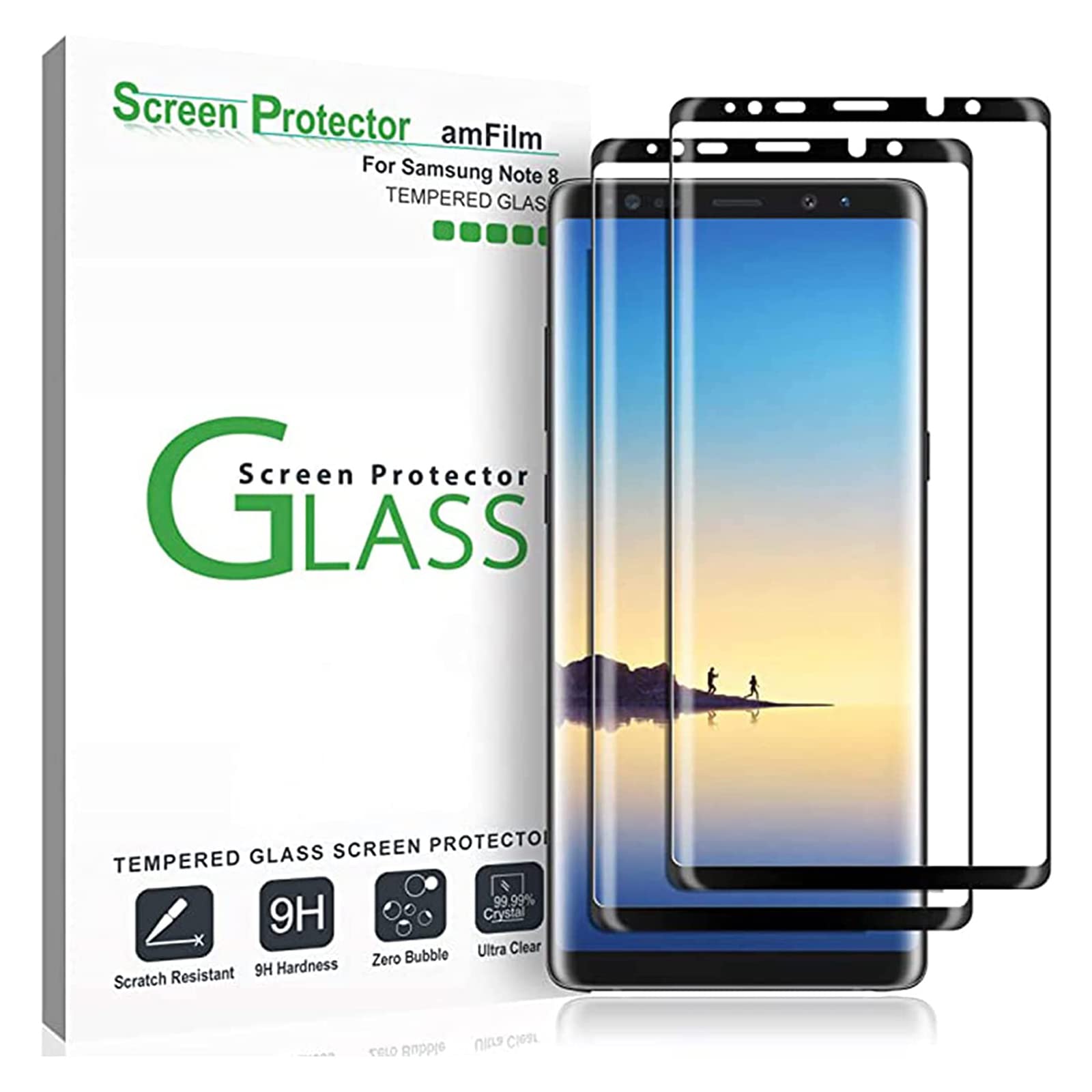 Photo 1 of amFilm (2 Pack Glass Screen Protector for Samsung Galaxy Note 8, Full Screen Coverage, 3D Curved Tempered Glass, Dot Matrix with Easy Installation Tray