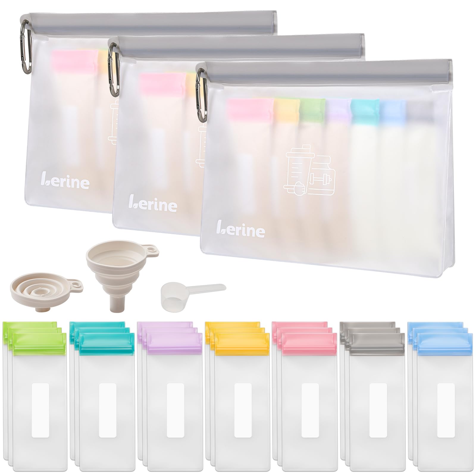 Photo 1 of Lerine Protein Powder Travel Container Set, Reusable Protein Powder Container To Go, 21Pcs Single Dose Bags & 3Pcs Large Zip Bags, Portable Supplement Storage Containers with Funnel, Spoon