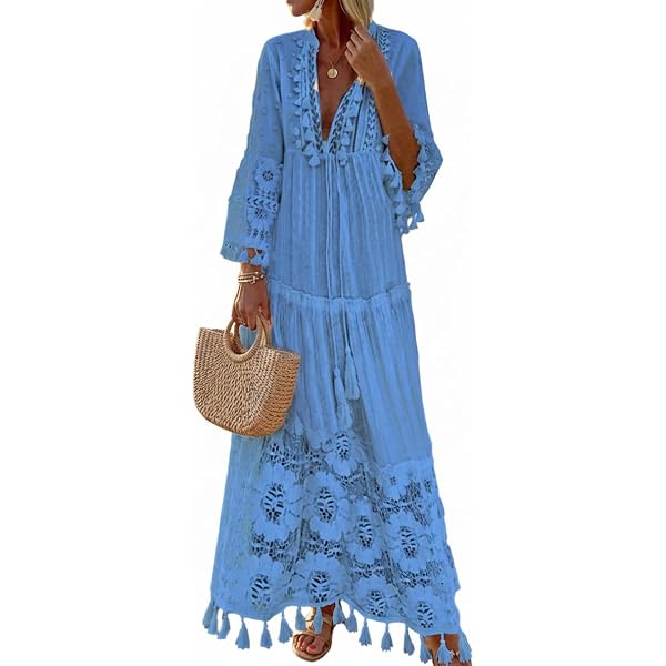 Women's Lace Tassel V-Neck Maxi Dress Boho Floral Lace Long Sleeve Flare  Ruffle Fringed Beach Summer Long Dress Blue at Amazon Women's Clothing store