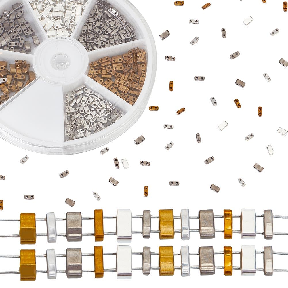 CREATCABIN 420Pcs 2 Hole Half Tila Beads 6 Styles Mix Glass Beads Square Rectangle Mini Opaque with Plastic Container Color for Craft Bracelet Necklace Earring Jewelry Making(Metallic Colors) — image 1