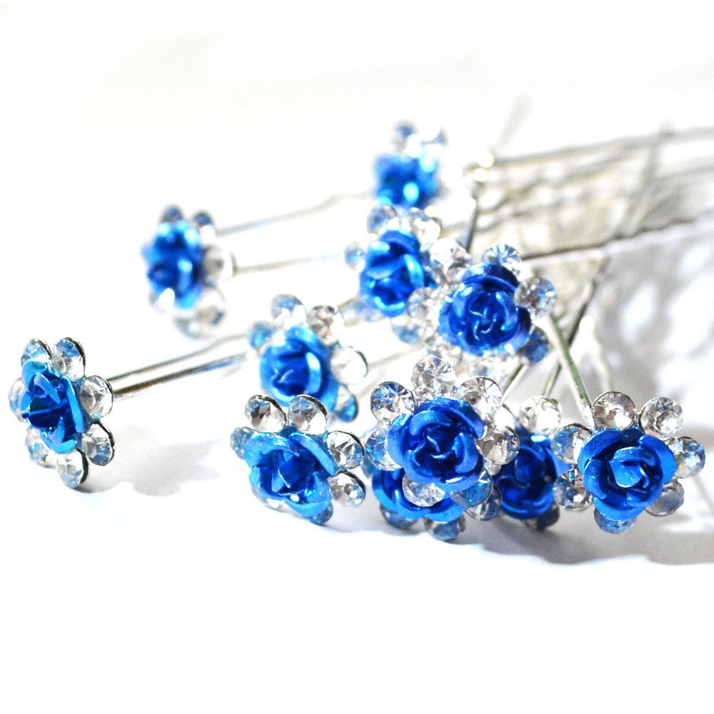 5starwarehouse® 10x Bridal Wedding Prom Silver Crystal Diamante Rose Flower Hair Pins Clips Grips (Blue)