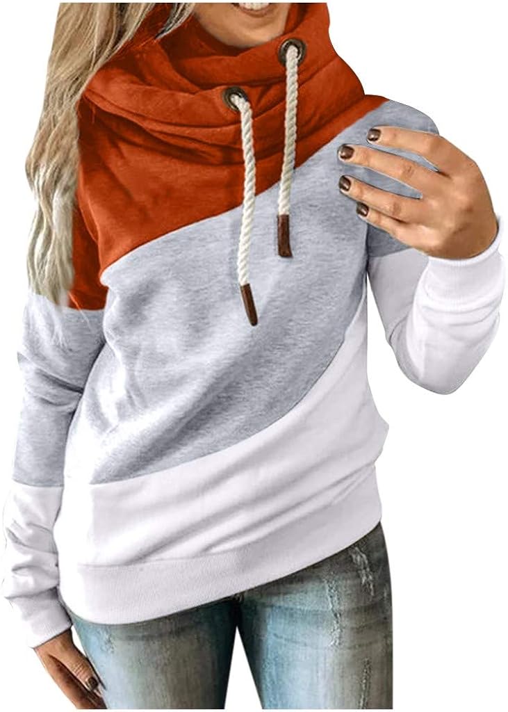 VEKDONE Women Plus Size Cowl Neck Color Block Striped Tunic Sweatshirt Drawstring Loose Hoodie Pullover Casual Tops: Clothing
