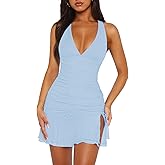 Women Sexy Halter Deep V Neck Ruched Bodycon Dress Summer Side Slit Mesh Hem Cocktail Club Party Short Mini Dresses