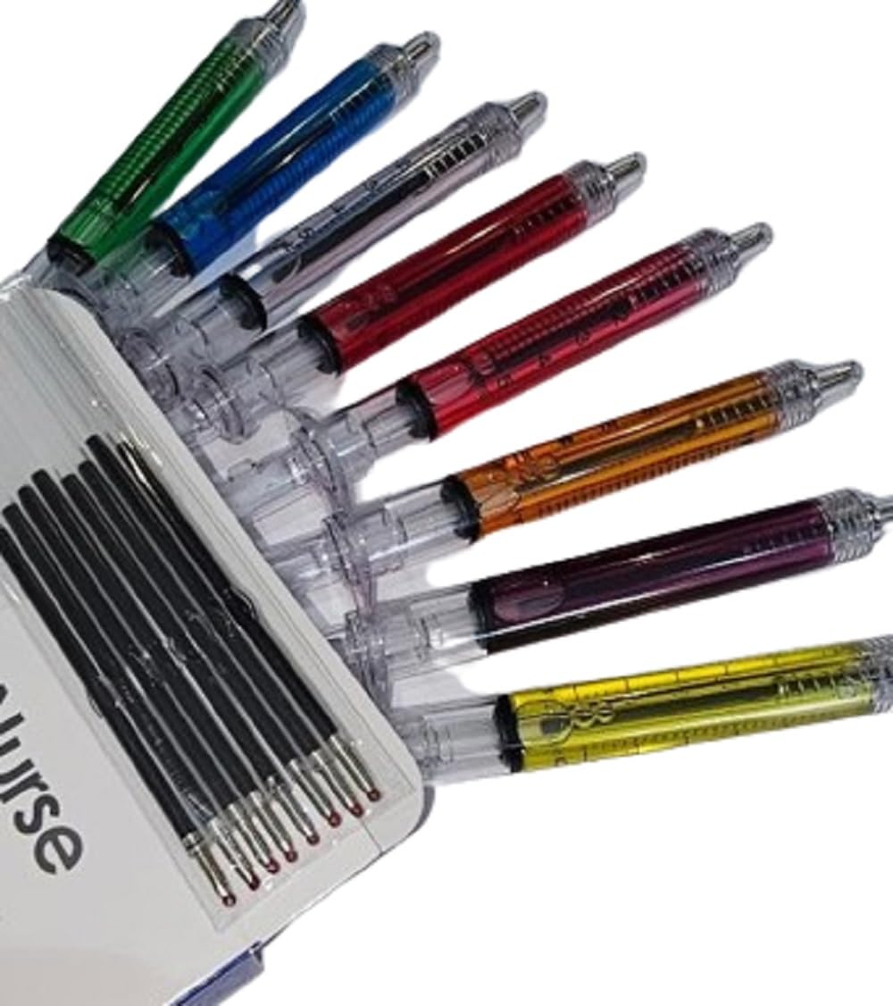 Novelty Nurse Pack of 8 Mixed Colour Syringe Pens (8 Extra Black Ink Refills included) Doctor Medical Student Radiographer Stationery Pen Set NHS Healthcare