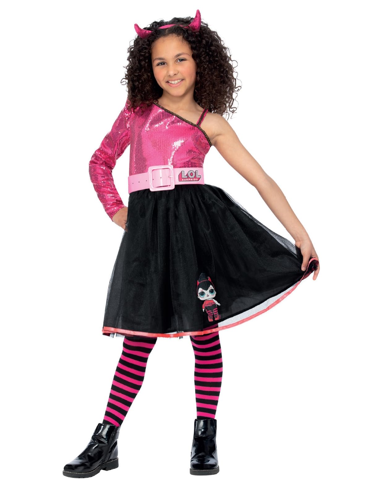 Smiffys L.O.L Surprise!™ Spice Devil Girls Costume, Pink Belt & Horn Headband Dress, Official L.O.L Surprise!™ License Fancy Dress Party Outfit for Girls with Accessories