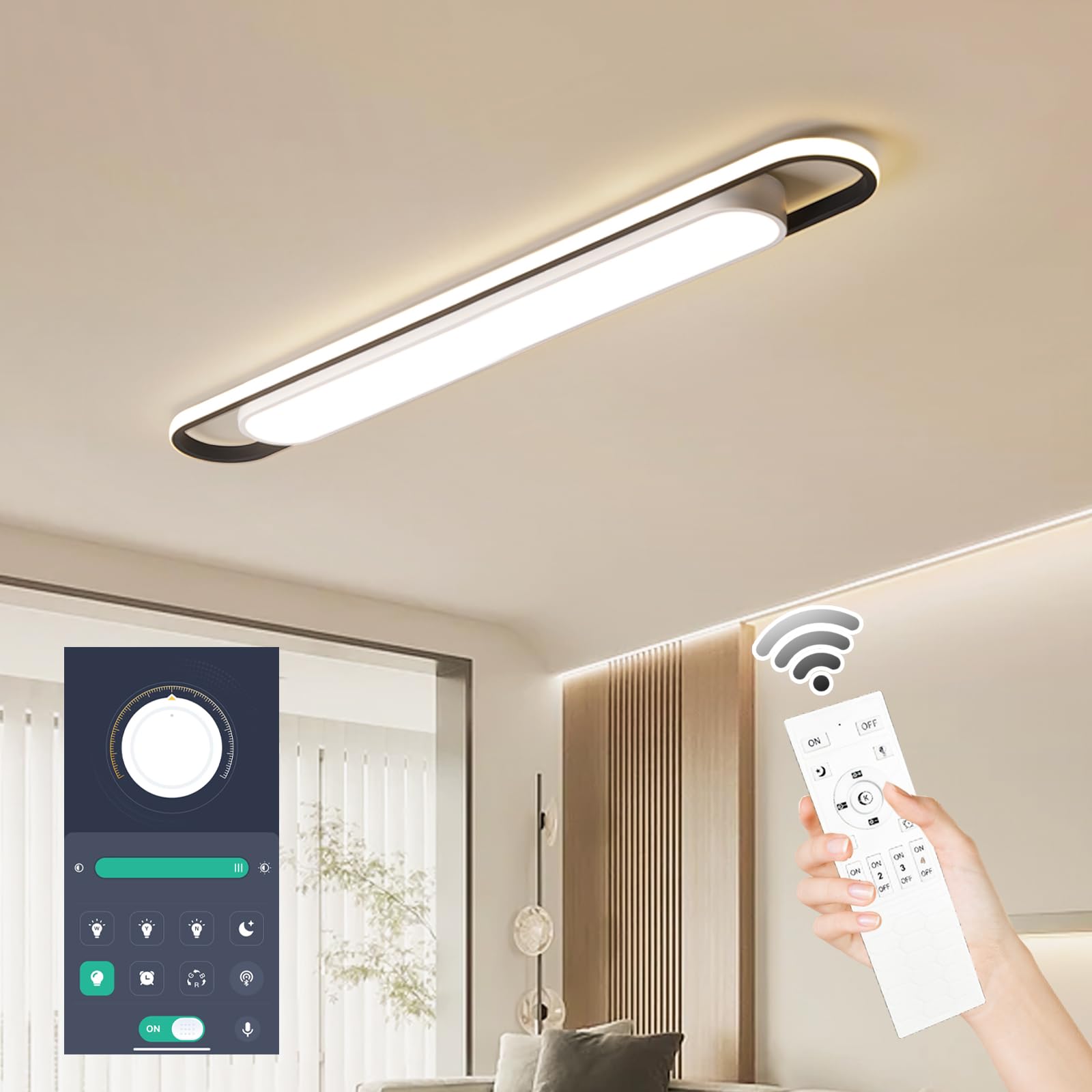Photo 1 of 4Ft Modern Smart LED Linear Ceiling Lights Dimmable LED Ceiling Lamp with Remote Control,65W Metal/Acrylic Flush Mount Ceiling Lighting Fixtures for Kitchen Living Room Kitchen Dining Room (48")