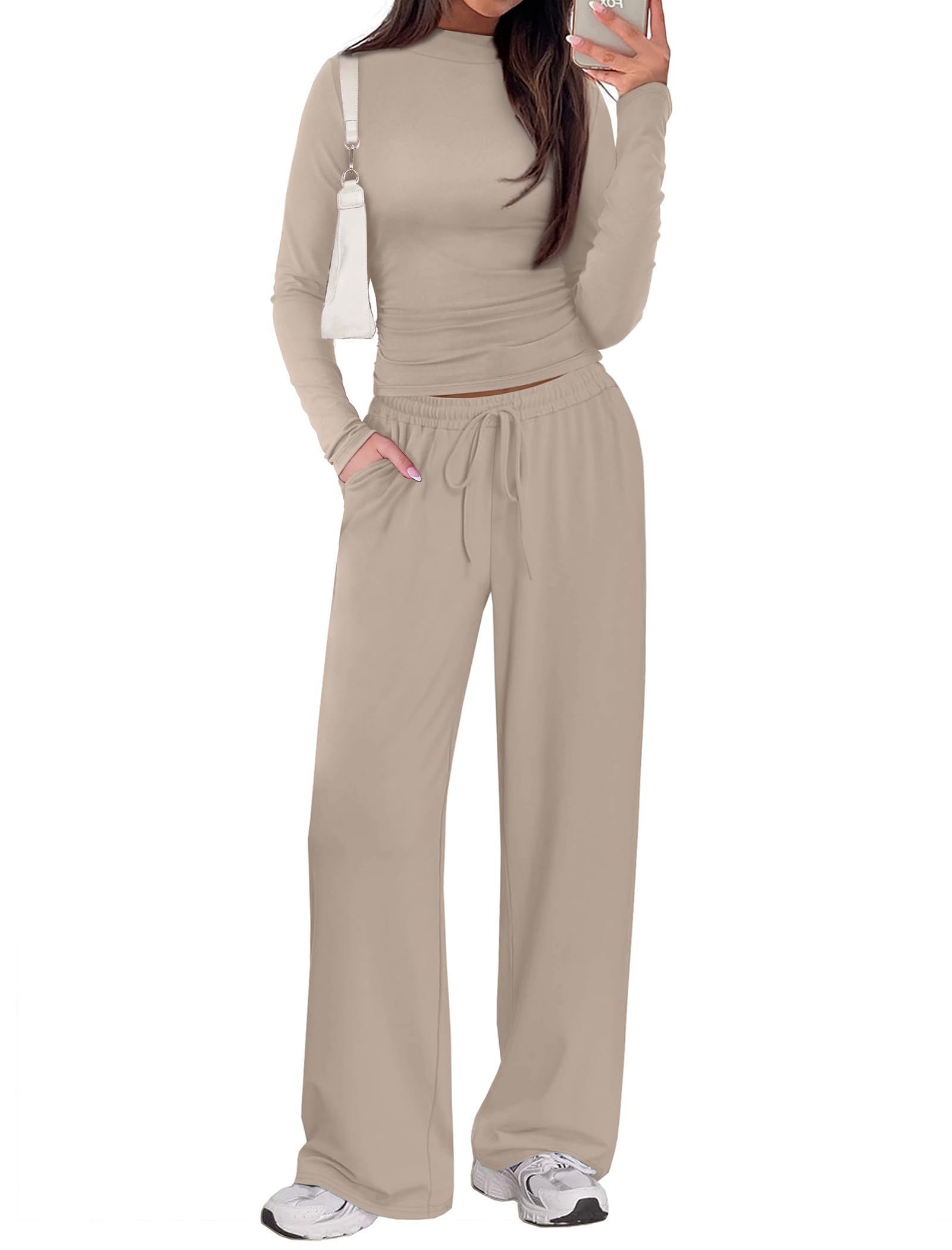 Photo 1 of Sampeel Early Fall Fashion 2025 2 Piece Lounge Sets for Women Airport Travel Outfits Ruched Tops Wide Leg Pants Apricot M