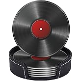 BOXIMIAO Drink Coasters with Holder Stand Set of 6, Phonograph Record Vinyl Pu Leather Absorbent Coasters with Cork Base Round Table Coaster for Housewarming Apartment Kitchen Bar Decor