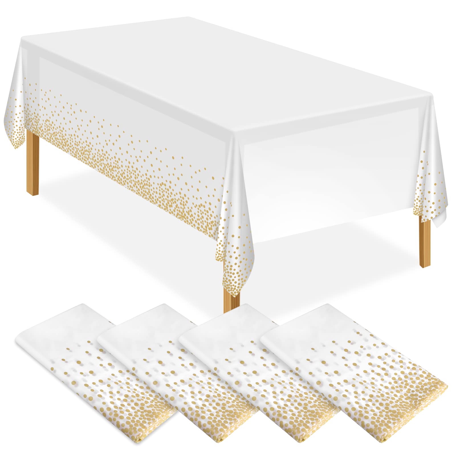 ELECLAND 4Pcs White and Gold Party Tablecloth Plastic Tablecloth 137x274cm Gold Dot Confetti Table Cover Rectangular Party Table Cover for Picnic, Baby Shower, Halloween, Christmas
