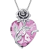 OCJ Valentines Day Gifts for Women Birthstone Necklace 925 Sterling Silver Rose Flower Heart Pendant Necklace Fine Jewelry Anniversary Valentine Birthday Gifts for Women Her Wife Girlfriend