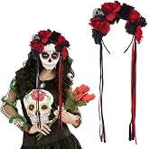 HeartYue Mexican Flower Headband Day of the Dead Red Black Rose Floral Crown Headpiece for Halloween Cosplay Costume Party Women Girls Hair Decoration