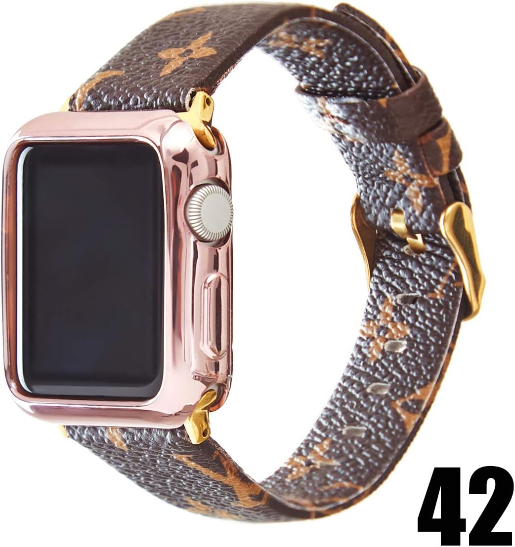GOKE Brown Flower Printed Luxury PU Vegan Leather Watch Band Strap Compatible with 38mm 42mm Apple iWatch Series 3 2 1 (Brown LV, 38mm)