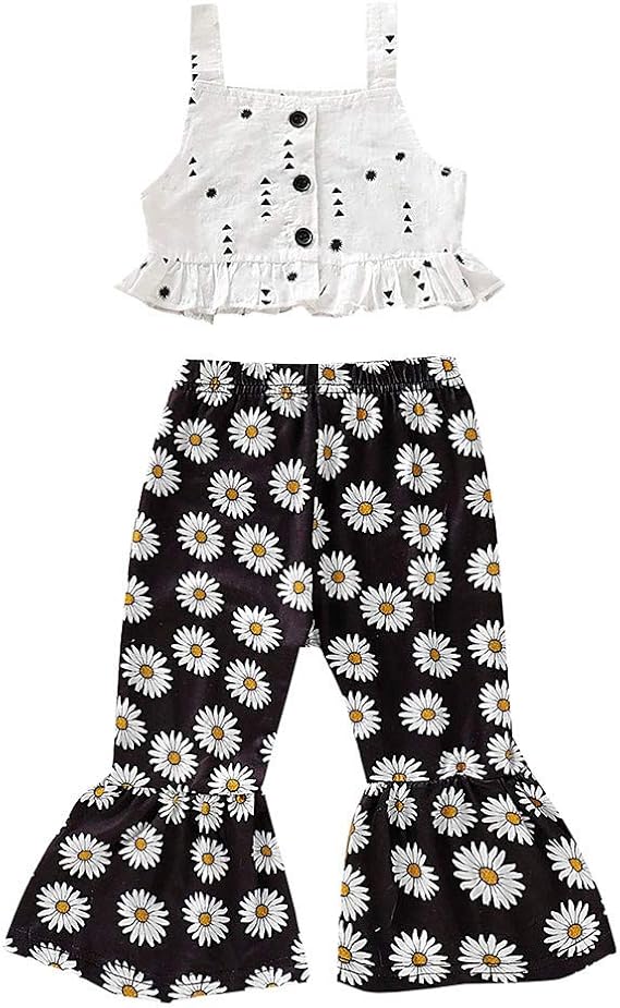 Amazon 子どもセット キッズ服 Cousannory 上下セット服 女の子 柔らかい ノースリーブ 袖なし フリル Tシャツ ひまわり ブーツカットパンツ ロングパンツ パンツ 可愛い トップス 春夏 安い 子供服 人気 七五三 通園 通学 ガールズ 通販