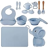 Silicone Baby Feeding Set 15-Piece BPA-Free Baby Led Weaning Kit for 6+ Months – Elephant Suction Plate, Bowl, Forks, Spoons, Bib, Cup, lids, Teether & More – Gift Kraft Box – Baby Registry Blue Gray