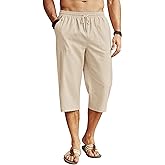 COOFANDY Men's Linen Capri Pants Casual Lightweight 3/4 Baggy Pants Drawstring Elastic Waist Beach Yoga Pants with Pockets
