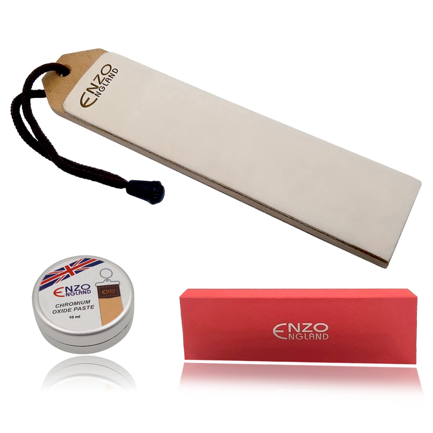ENZO ENGLAND Leather Strop with Honing Paste Set Sharpening Polishing Paddle Block for Woodworking Knife Stropping | Chisel Fine Paste Buffing Compound for Woodcarving Tools (Chromium Oxide Paste)