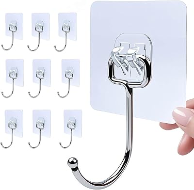 Zesc-Im 10PCS Strong Adhesive Hooks Heavy Duty 35lb Max Large Clear Stick On
