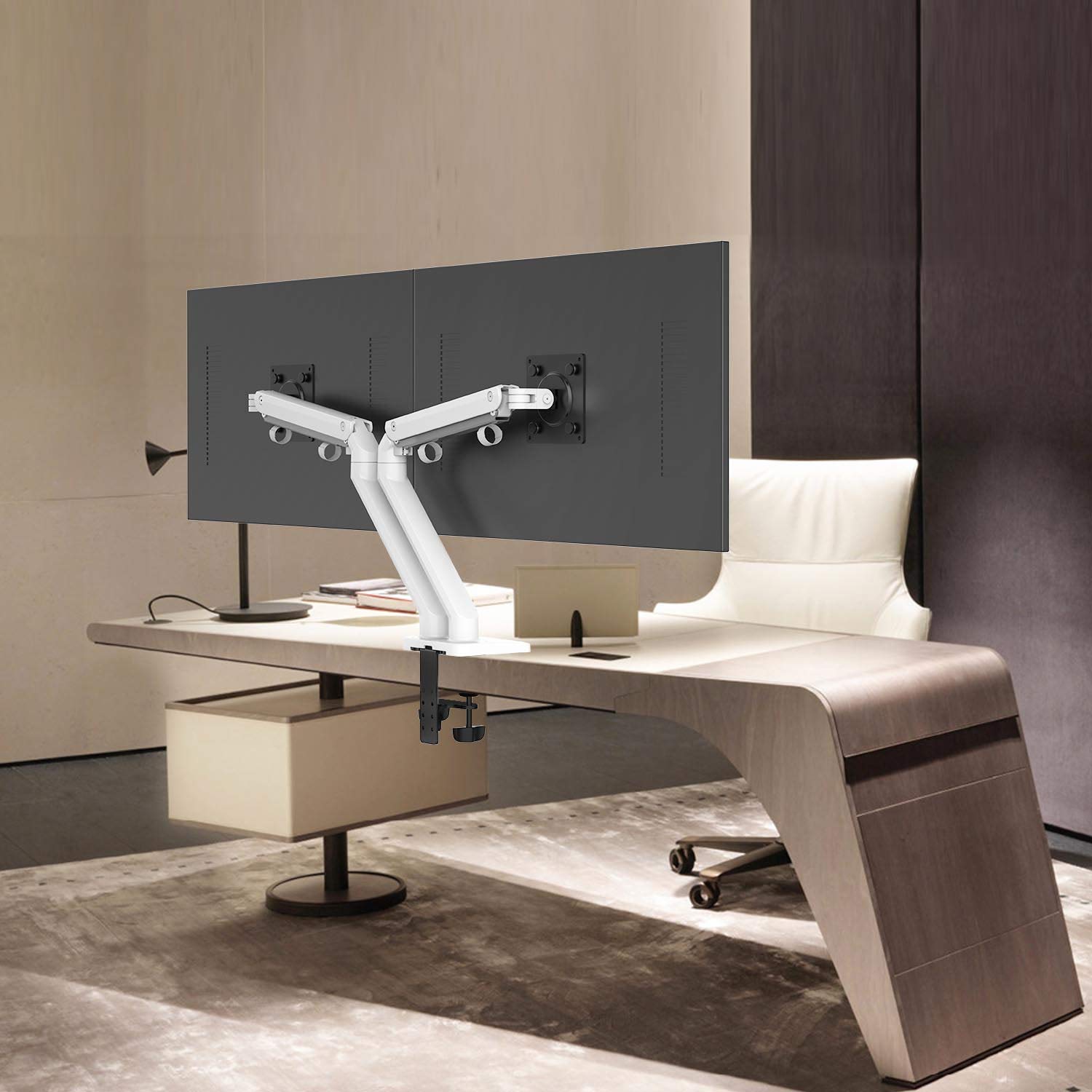 Bemorergo Dual LED LCD Monitor Desk Mount Stand- Aluminum Gas Spring Arm Height Adjustable VESA Bracket 2 in 1 Heavy Duty Fully, fits 2 /Two Screens up to 17 to 32 inches