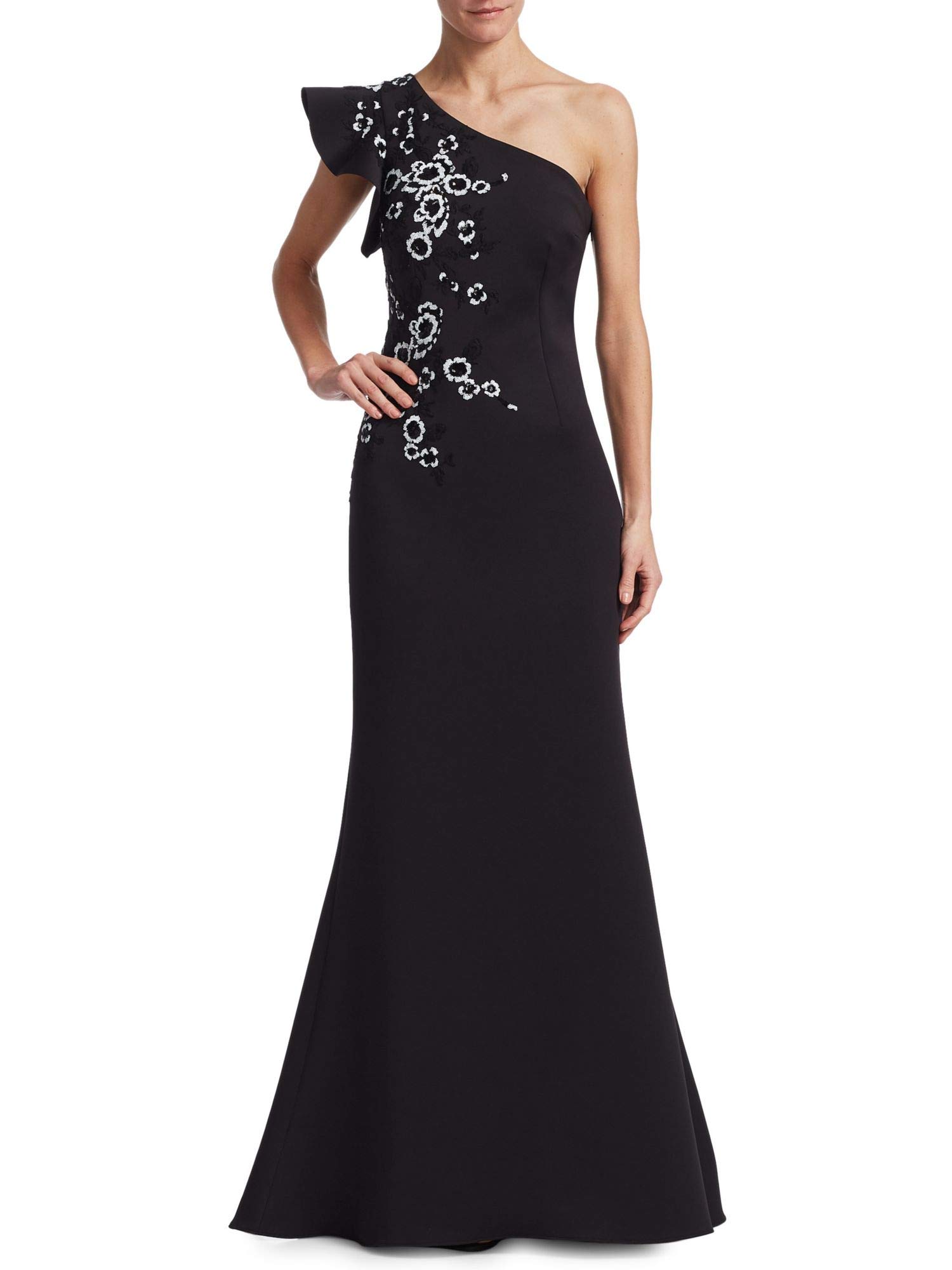 Teri Jon Scuba Sequin Applique One Shoulder Evening Gown Dress