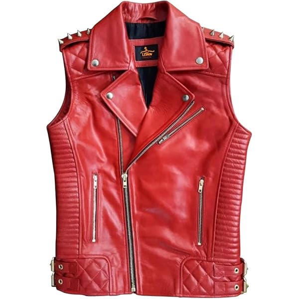 Men's Designer Biker Rock Ripper Zip Up Vest w Patches Red