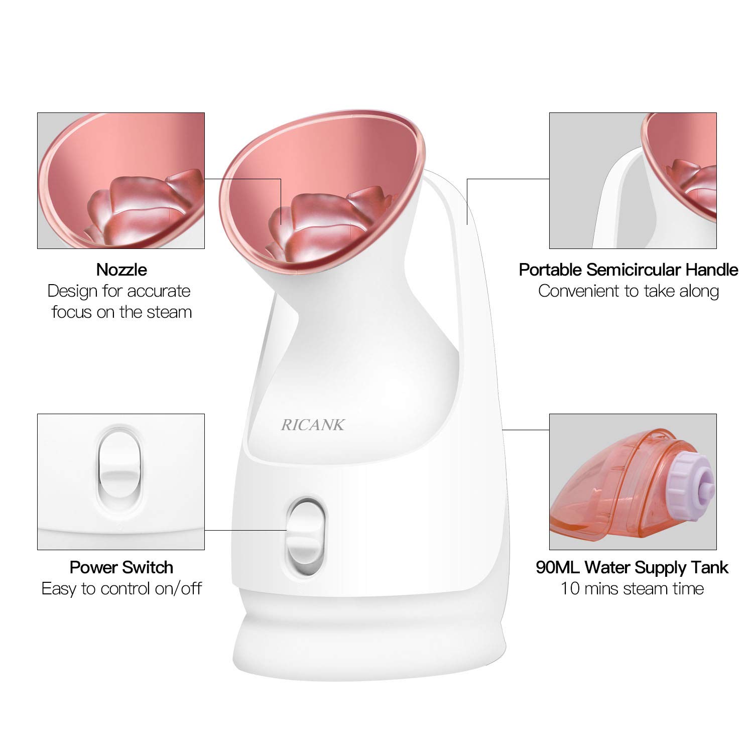 RICANK Nanosteamer Nano Ionic Warm Mist Facial Steamer Hot Mist Moisturizing Cleansing Pores Face Steamer Unclogs Pores Clear Blackheads Acne Comedone Removal Home Sauna Spa Nano Spray Rose Gold: Beauty