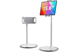 SAIJI Tablet Stand Holder, Height Adjustable Portable Monitor Stand, 360 Degree Rotating, Aluminum Alloy Cradle Mount Dock for 4.7"-15.6" Screen iPhone Samsung, iPad, Kindle, eBook Reader (Silver)
