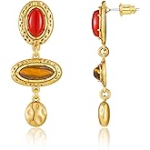 Vintage Gold Dangle Earrings for Women, Statement Brown and Red Tiger Eye Stone Dangle Drop Earrings, Unique Retro Faux Carnelian Jewelry Gift for Her