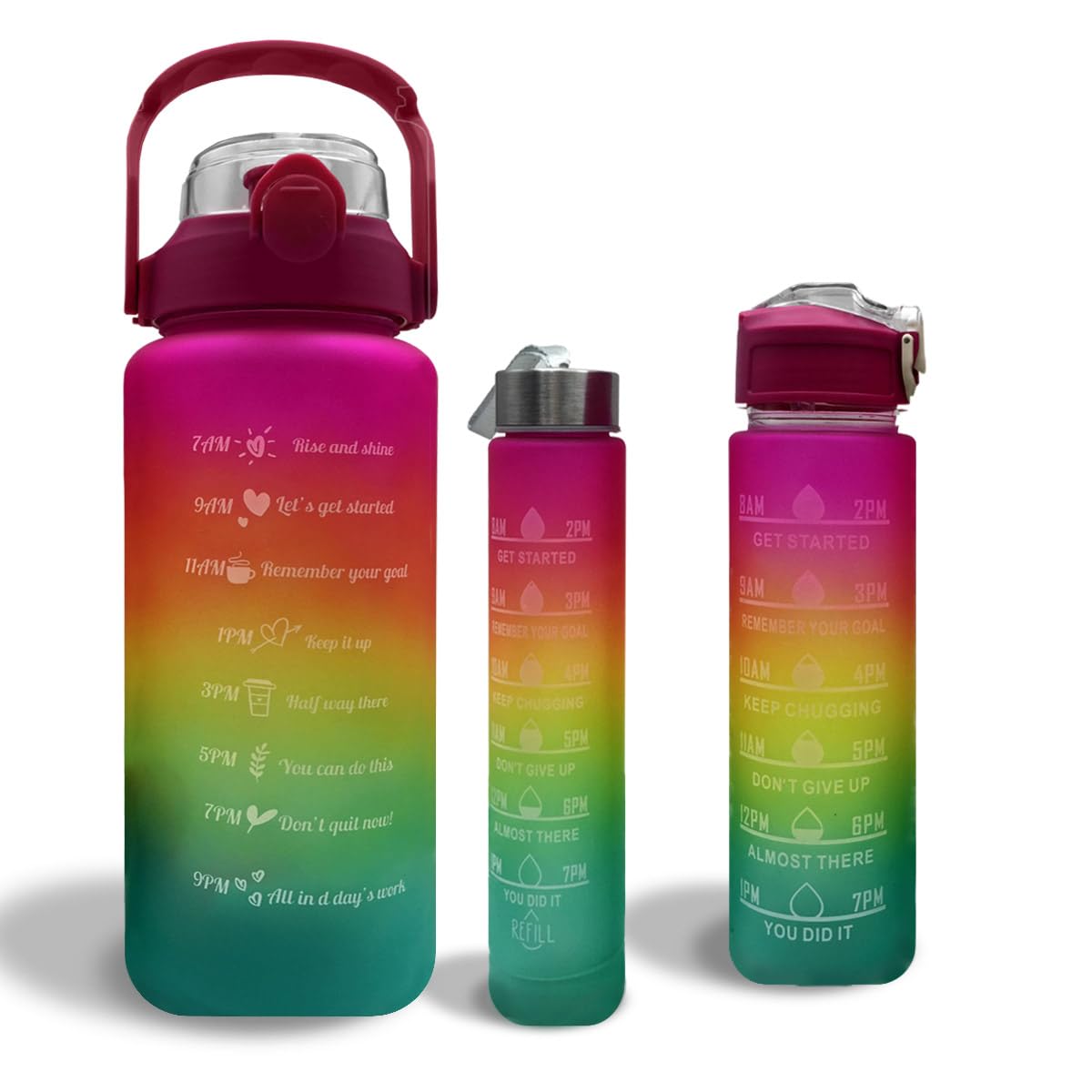 LITTLELAGOON Water Bottle 3 Pc Set with Straw 2L 300ml 900ml | Leak Proof BPA Free Motivational Drinking Bottles with Time Marker | Perfect for Sports School Office Gym Yoga Cycling for Kids Adults