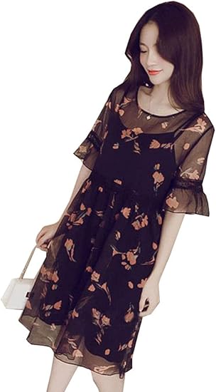 Amazon Zhongjue ジュージェン ワンピース レディース 半袖 ふんわり 花柄 シフォン ワンピース シースルースリーブ ファッション ロングワンピース 膝丈 おしゃれ フレアワンピース 大きいサイズ 夏 ワンピース チュニック 通販