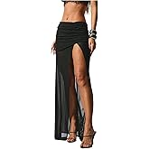 Milumia Women's Sexy Sheer Mesh Maxi Skirt Ruched Low Waisted High Slit See Through Skirts
