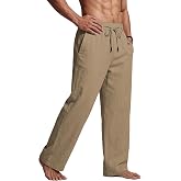 PIDOGYM Men's Cotton Linen Pants Summer Beach Pants Golf Dress Trousers | Casual, Lightweight, Drawstring Elastic Waist, Pockets, Loose Fit Straight Legs, Yoga, Relaxed Fit