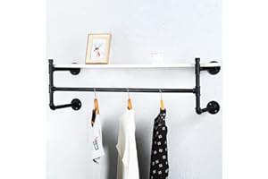 HAOVON Industrial Pipe Clothing Rack Wall Mounted Wood Shelf,Pipe Shelving Floating Shelves,Retail Garment Rack Display Rack Clothes Racks(1 Tier,42in)