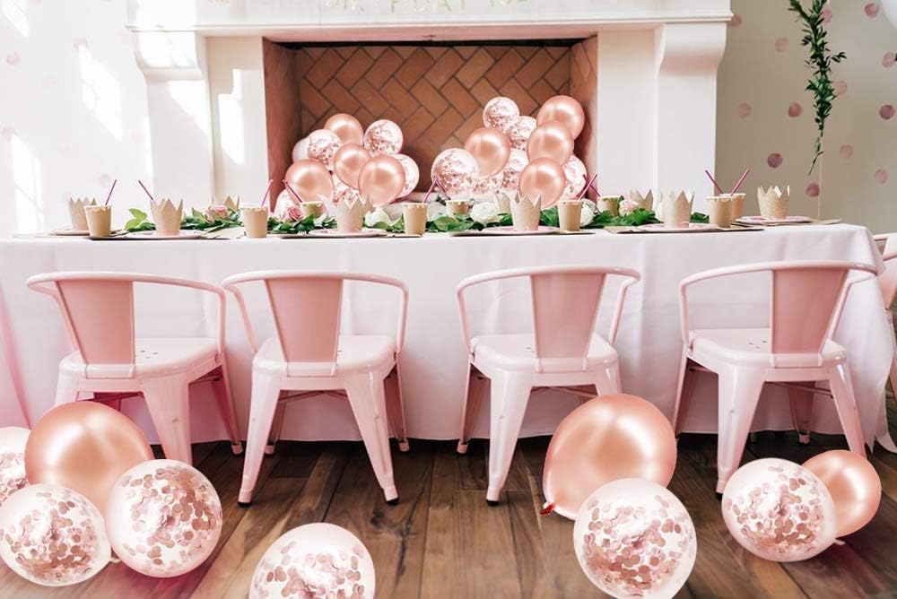 Rose Gold Confetti Latex Balloons, 50 pack 12 inch Birthday Balloons with 33 Feet Rose Gold Ribbon for Party Wedding Bridal Shower Decorations: Toys & Games