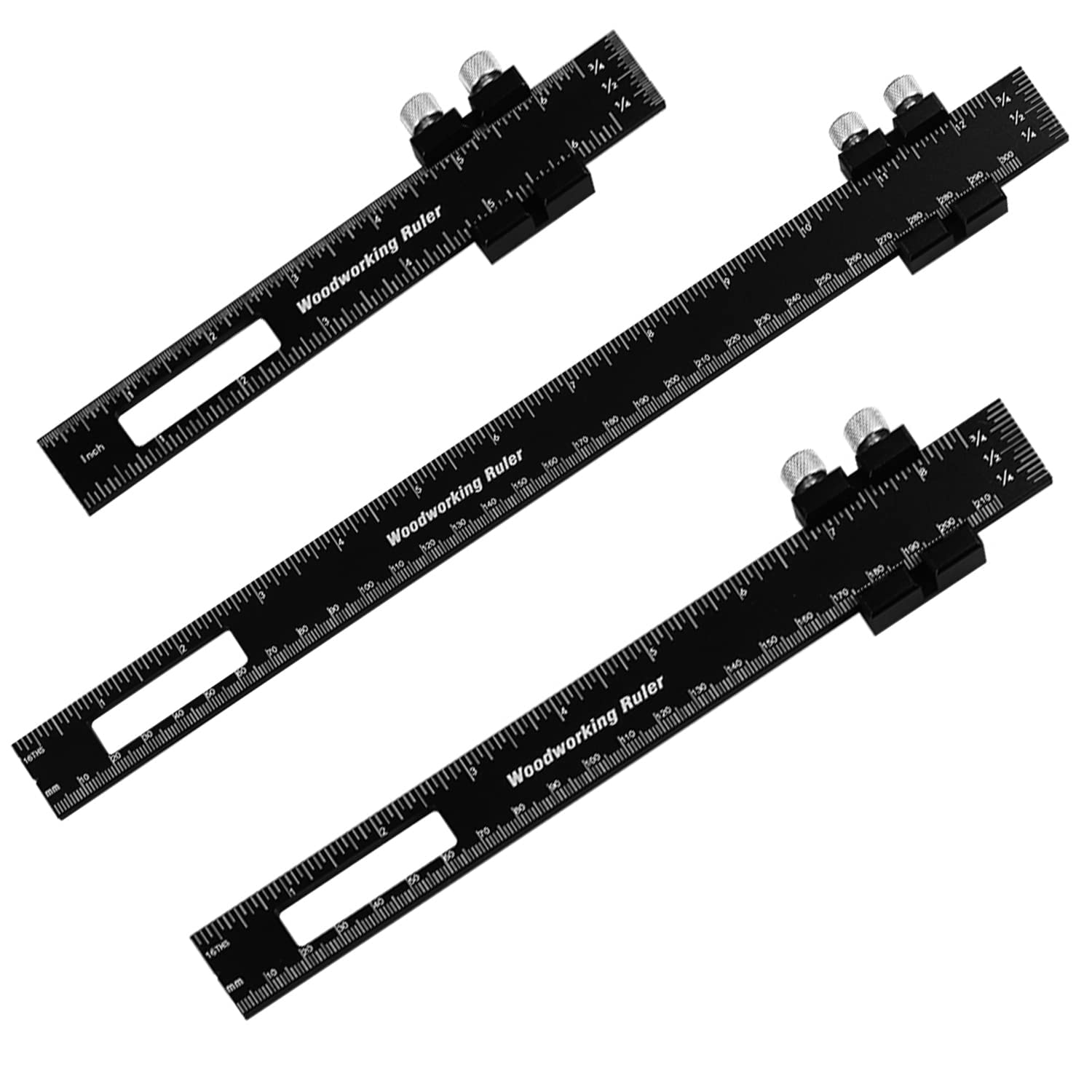 Woodworking Ruler Precision Pocket Rule - 12, 8, 6 Inch Metal Slide Stop Marking Ruler Metric Inch Measuring Wood Working Scribing Rulers Measure Tools (BLACK)